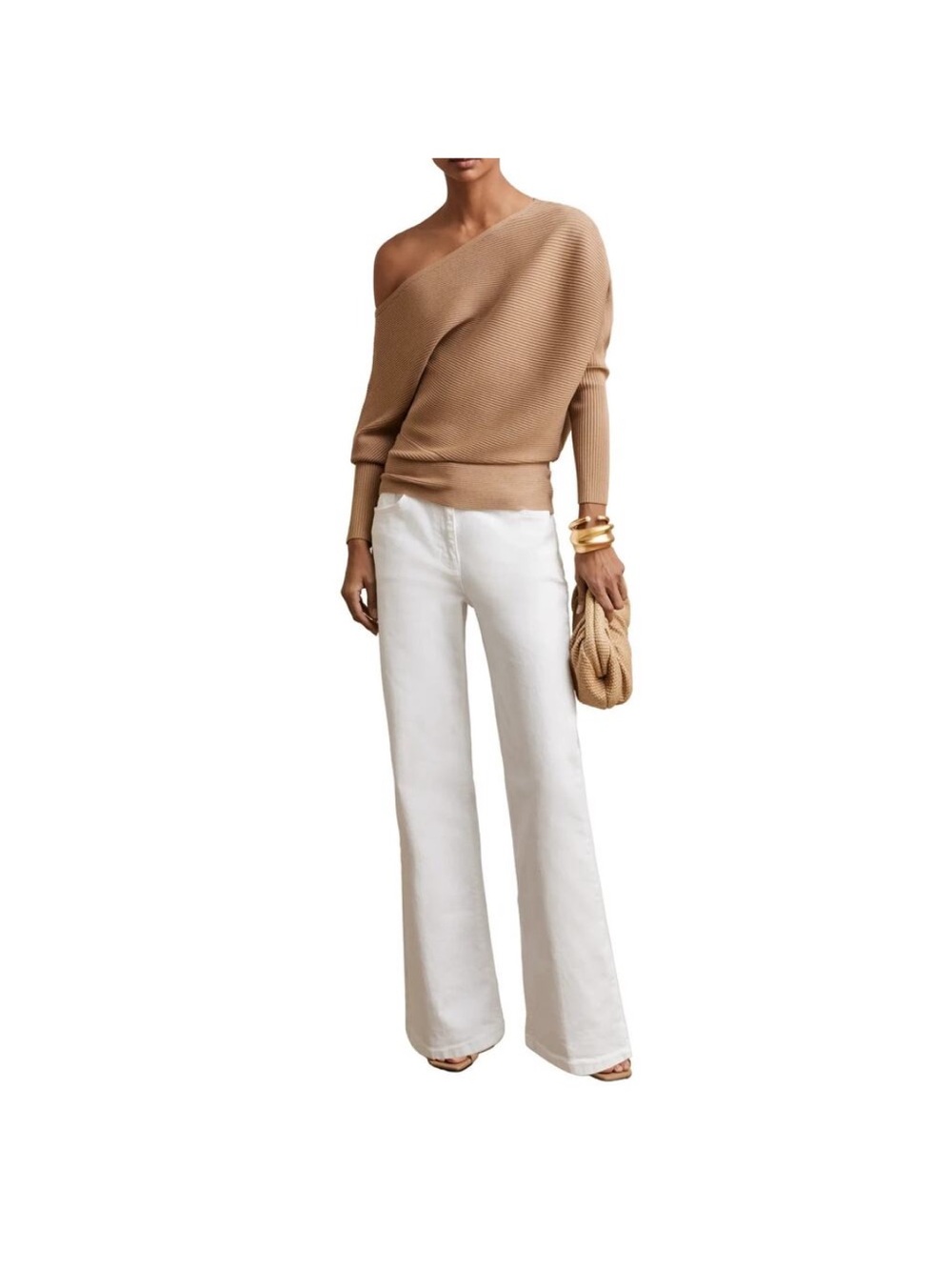 Reiss Off-Shoulder Ribbed Sweater - Beige - Picture 2 of 3